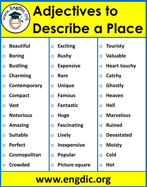 List of adjectives to describe Places | Download PDF - EngDic