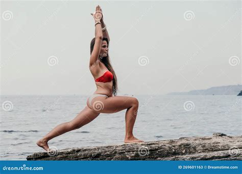 Woman Sea Yoga. Back View of Free Calm Bliss Satisfied Woman with Long ...