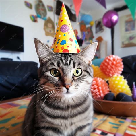 Premium AI Image | cat wearing a party hat for birthday
