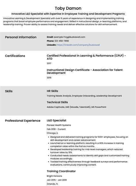 Learning & Development Specialist Resume Example | HR Careers