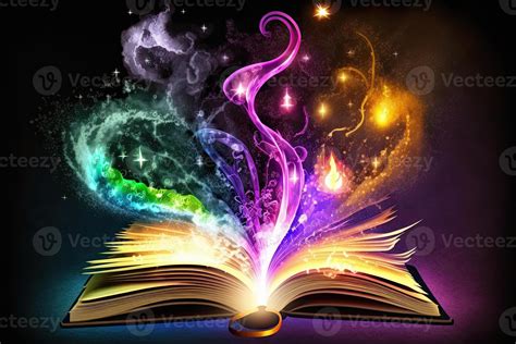 Open magical book with glowing lights over pages on abstract background ...