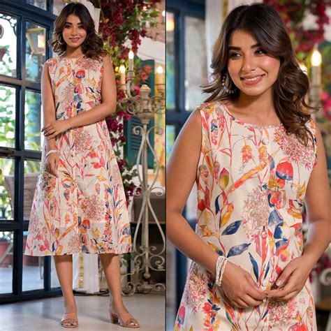 Off White & Red Floral Printed Mulmul Cotton A-Line Sleeveless Dress