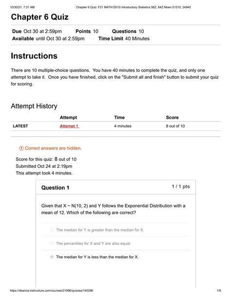 SOLUTION: De Anza Chapter 6 quiz Math D010 introductory statistics Moen ...