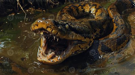 Closeup of an anacondas powerful jaw and sharp teeth as it devours its ...