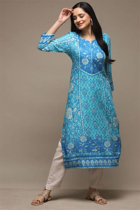 Blue Rayon Straight Printed Kurta