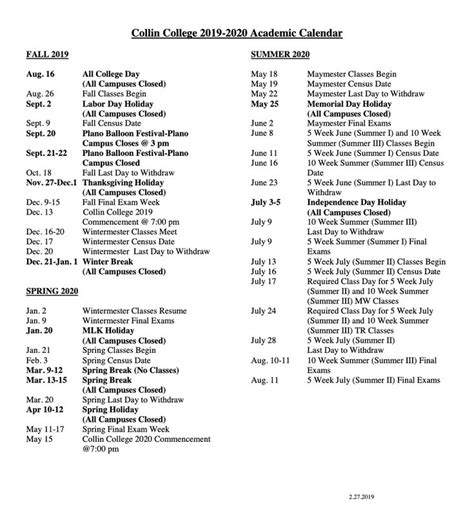 Collin College 2019-2020 Academic Calendar