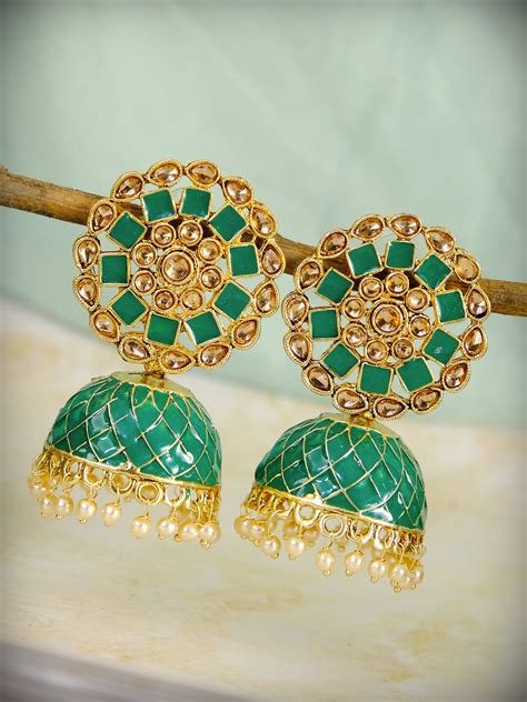 Pink Ethnic Alloy Jhumka Earrings - Round Shape & Gold Plating