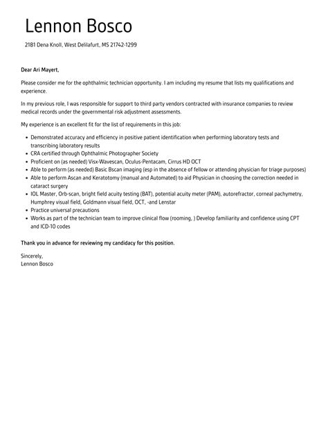 Ophthalmic Technician Cover Letter | Velvet Jobs