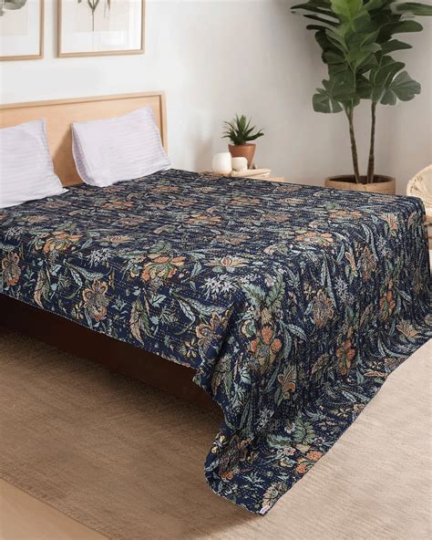 Navy Blue Hand Block Printed Hand Kantha Double Bed Dohar/Bed Cover ...