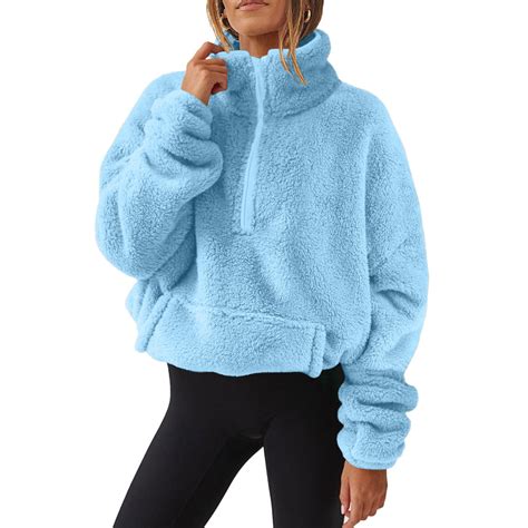 Womens Fuzzy Fleece Half-Zip Pullover Sweatshirt Fall Stand Collar Long ...