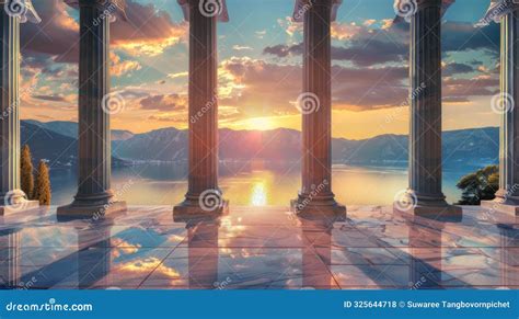 The façade of a masonry building, with four Greek adorning its entrance, under a clear blue sky