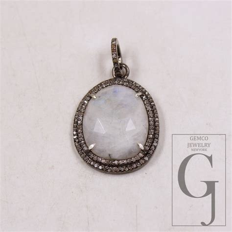 Oxidized Rainbow Moonstone Pendant Rosecut Pave Diamond Pendant 925 St ...