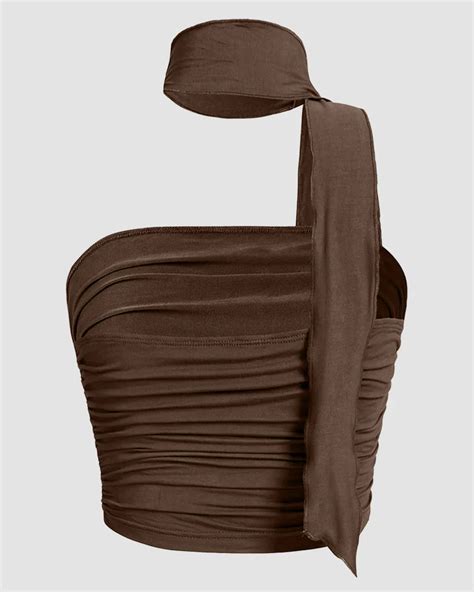 Ruched One Shoulder Tie Neck Crop Top in Brown - Littlebox India