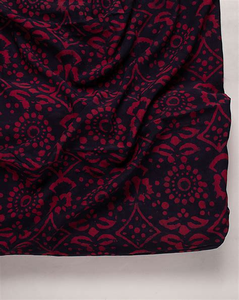 Blue Floral Hand Block Crepe Fabric