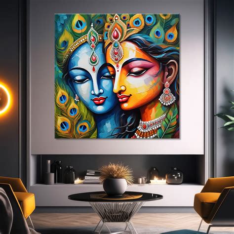 Blue face of krishna and radha with peacock feathers oil painting Canv ...