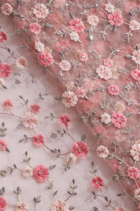 Pink And Cream Thread With Gold Sequins Floral Embroidery On Dusty Pea