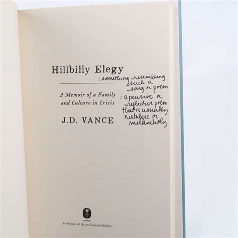 Hillbilly Elegy: A Memoir of a Family. by J.D. Vance First Edition ...