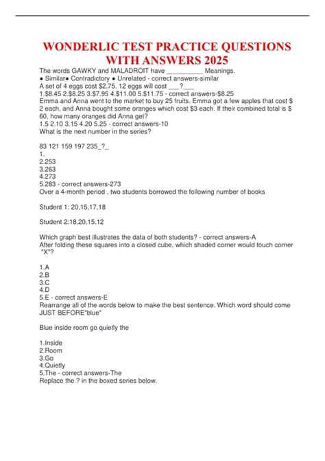 WONDERLIC TEST PRACTICE QUESTIONS WITH ANSWERS 2025 - Wonderlic - Stuvia US