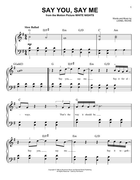 Say You, Say Me Sheet Music | Lionel Richie | Very Easy Piano