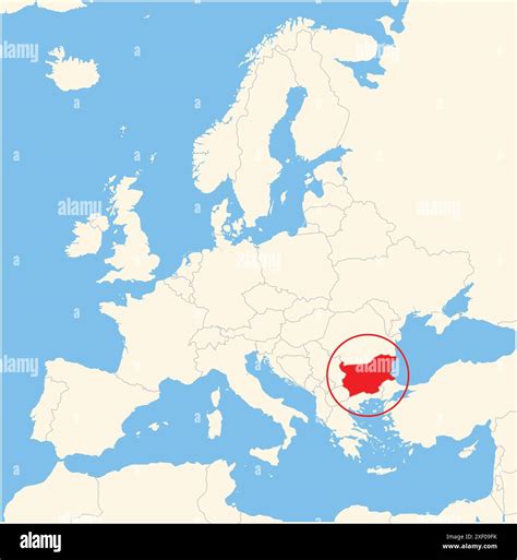 Locator map showing the location of the country Bulgaria in Europe. The country is highlighted ...