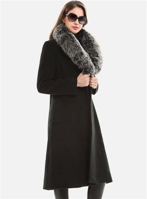 Escalier Women's Trench Long Wool Coat with Fox Fur Collar Black US8 ...