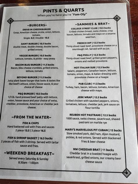 Menu at Pints & Quarts - Lacey pub & bar, Lacey, College St SE