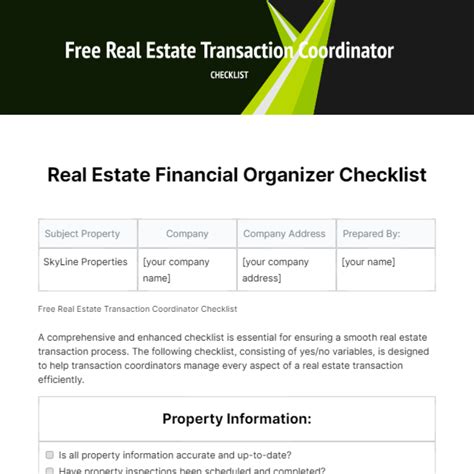 Free Real Estate Transaction Coordinator Checklist Template to Edit Online