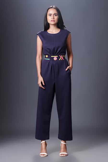 Buy Blue Ponte Roma Applique Embroidered Geometric Cap Sleeve Jumpsuit ...