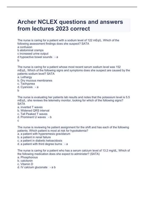 Archer NCLEX questions and answers from lectures 2023 correct - Archer ...