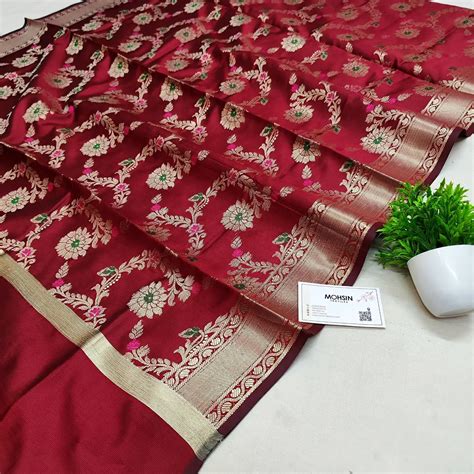 Maroon Meenakari Satin Silk Banarasi Dupatta – Mohsin Textiles