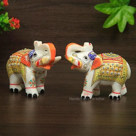 Buy Handicrafts Paradise Marble Elephant Pair Embellished and Hand ...