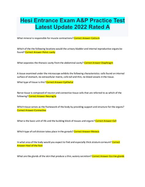 Hesi Entrance Exam A&P Practice Test Questions and answers, 2022 ...