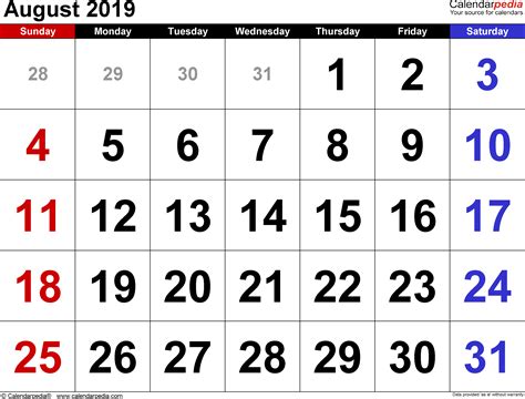 August 2019 - calendar templates for Word, Excel and PDF