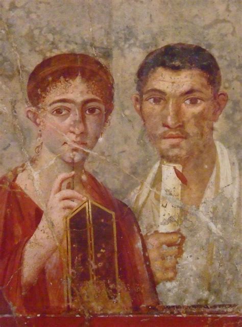 A Fresco (c. 60 CE) from the Roman town of Pompeii depicting Terentius Nero holding a scroll and ...