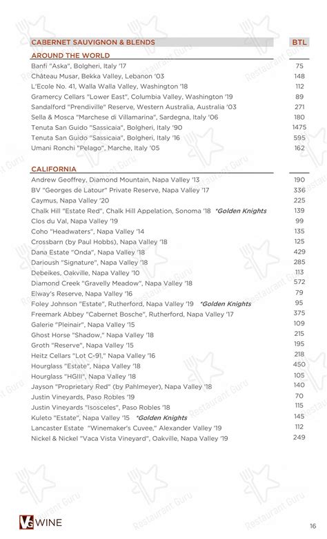 Menu at Vintner Grill pub & bar, Las Vegas