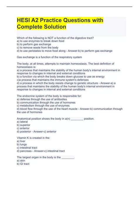 HESI A2 Practice Questions with Complete Solution - HESI A2 - Stuvia US