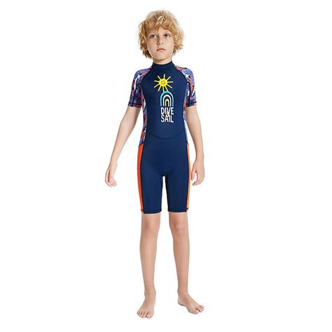 Half Sleeves Kids Swimwear Navy Blue & Orange Sunshine Printed Knee ...