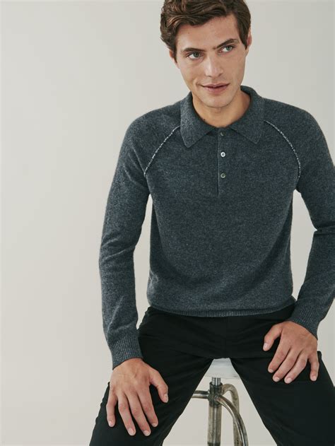 Mens Luxury Cashmere Long Sleeve Polo Shirt Grey