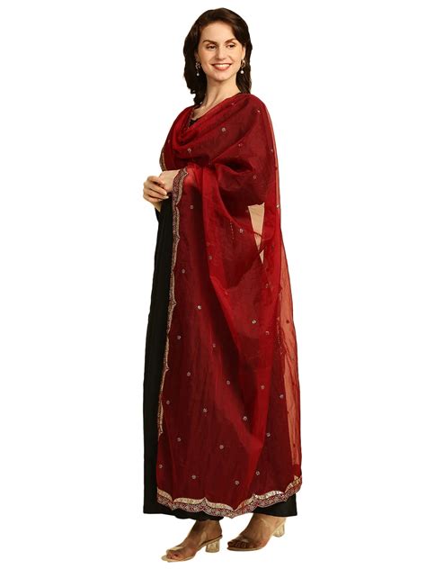 DUPATTA BAZAAR Women's Maroon Organza Dupatta with Sequins work ...