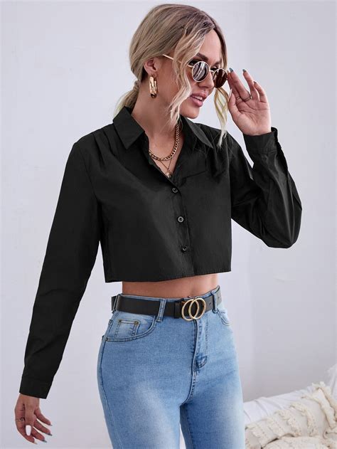 Solid Button Front Crop Blouse | Crop top outfits, Cropped shirt outfit ...