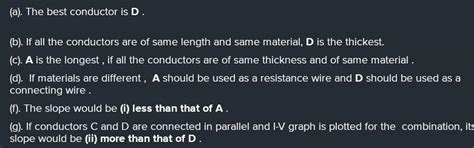 Study the I-V graph for four conductors A, B, C and D having resistance ...