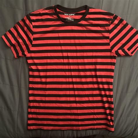 Red & Black Stripe T-Shirt Size: Large in... - Depop