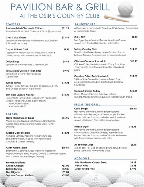 Pavilion Bar & Grill Menu – Osiris Country Club