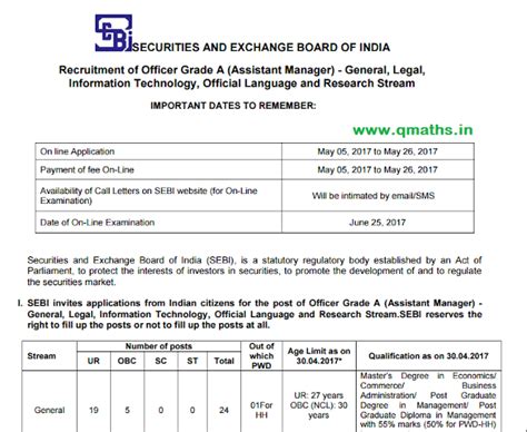 SEBI Official Notification for recruitment of Grade-A Officers