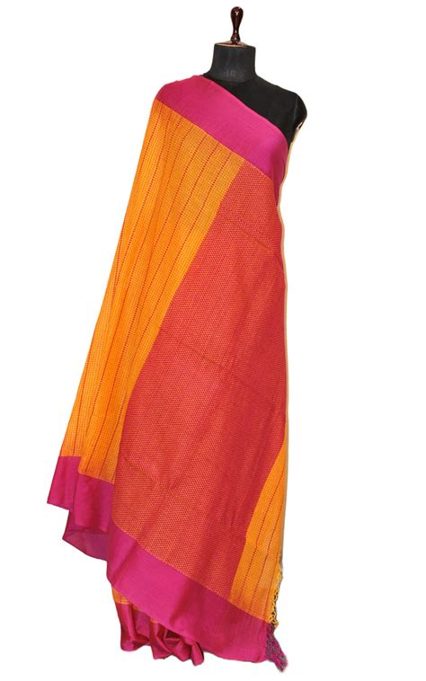 Woven Katha Work Soft Cotton Saree in Golden Yellow and Purple – Bengal ...