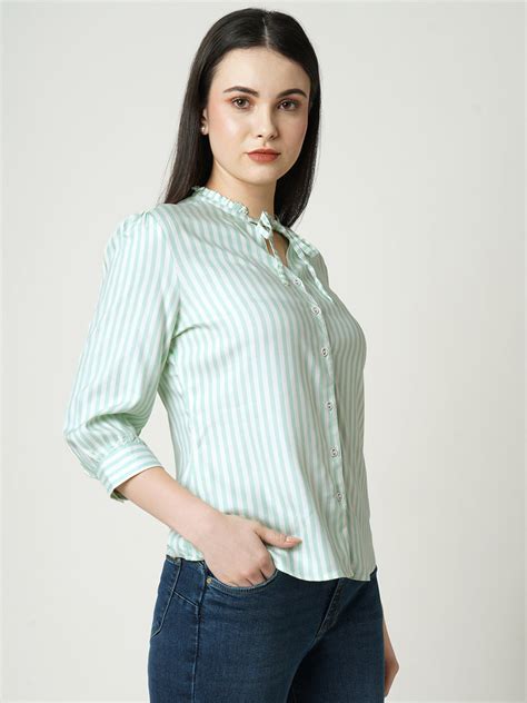 Buy Women Mint & White Striped Slim Shirt | Kraus Jeans