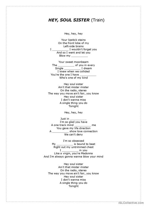 Song: Hey, Soul Sister ( by Train) s…: English ESL worksheets pdf & doc