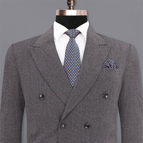 Mobster Grey Textured Double Breasted Premium Cotton Blazers For Men