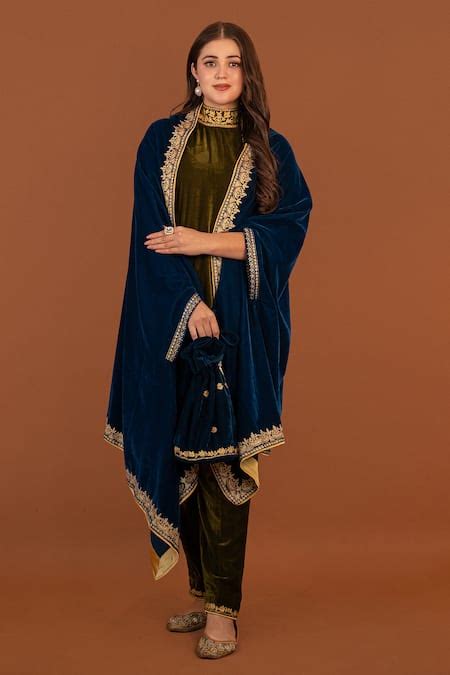 Buy Blue Velvet Embroidery Kashmiri Kurta High Band Cape And Set For ...