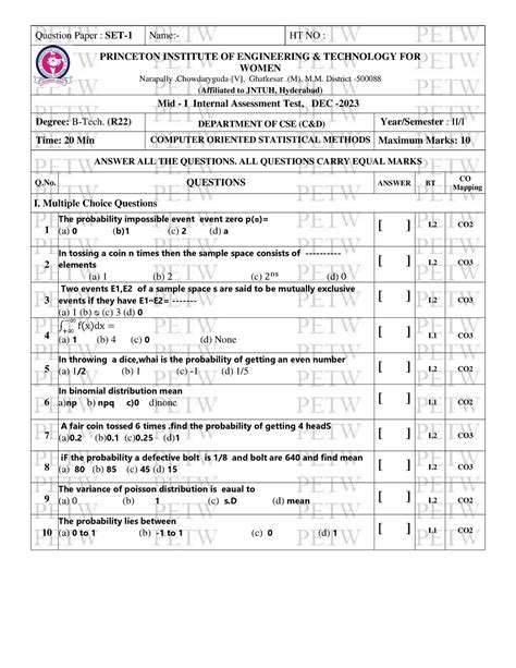 Computer Oriented Statistical Methods MID-I Objective CSE C&D ...